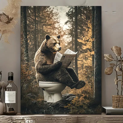 Bear Reading Newspaper Toilet Framed Canvas