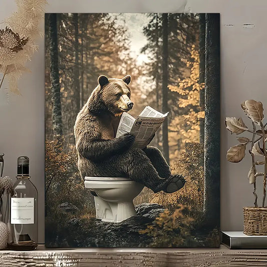 Bear Reading Newspaper Toilet Framed Canvas