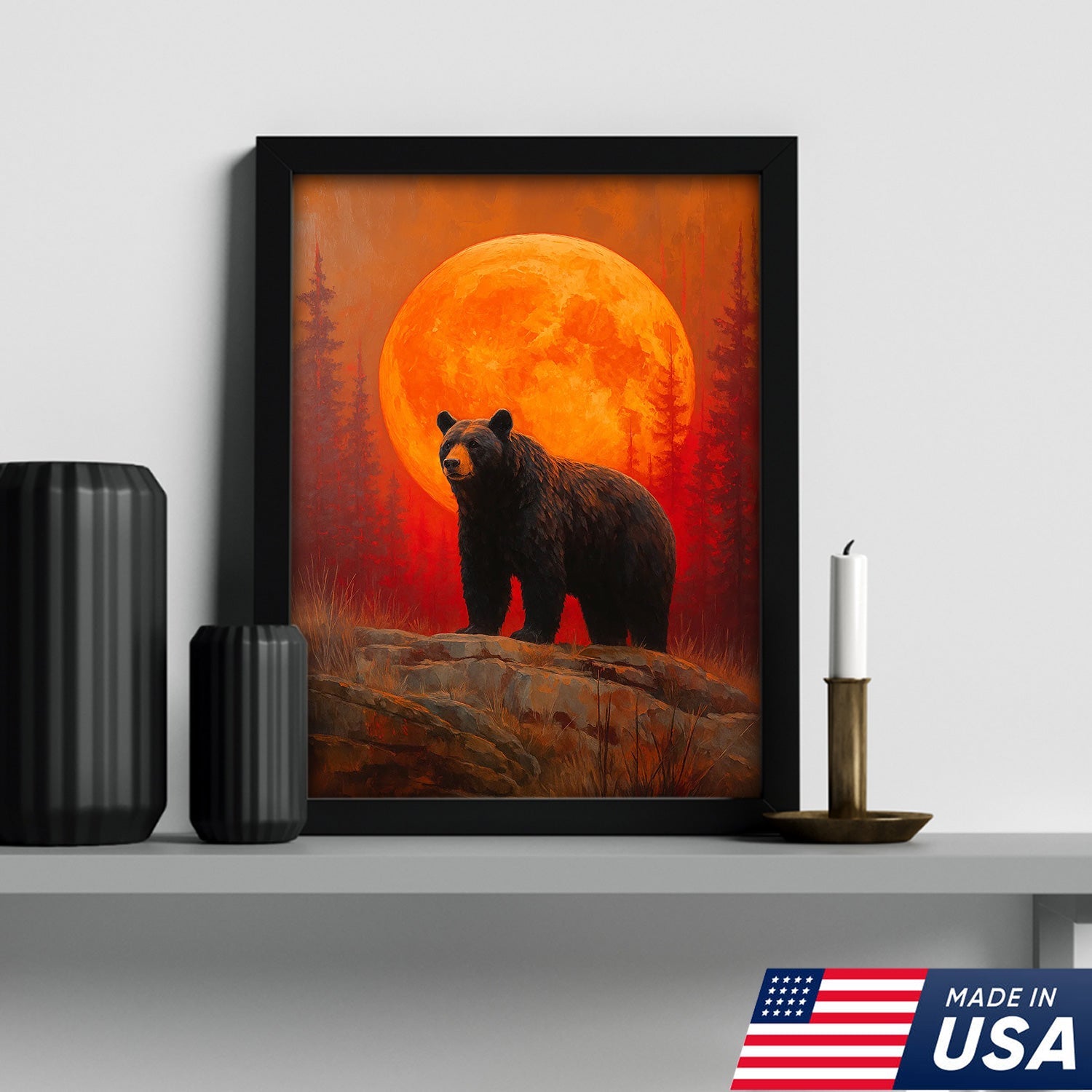 Bear Canvas Wall Art – Majestic Black Bear with Fiery Orange Full Moon