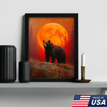 Bear Canvas Wall Art – Majestic Black Bear with Fiery Orange Full Moon