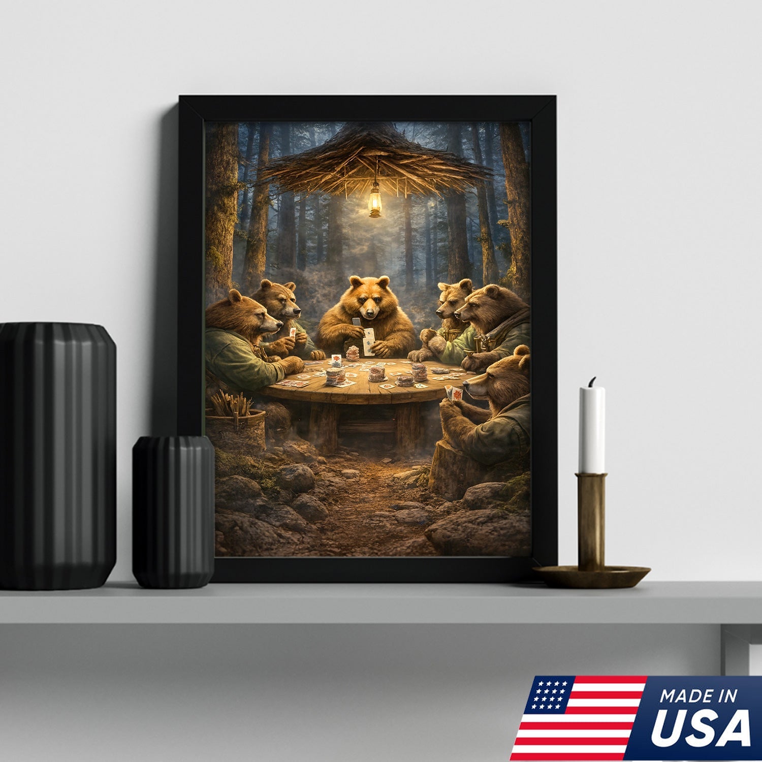 Funny Bear Poker Night Wall Art Canvas – Rustic Forest Animal Card Game Canvas Decor