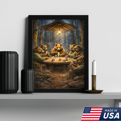Funny Bear Poker Night Wall Art Canvas – Rustic Forest Animal Card Game Canvas Decor
