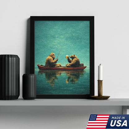 Whimsical Bear Fishing Canvas Wall Art, Surreal Animal Friendship Painting