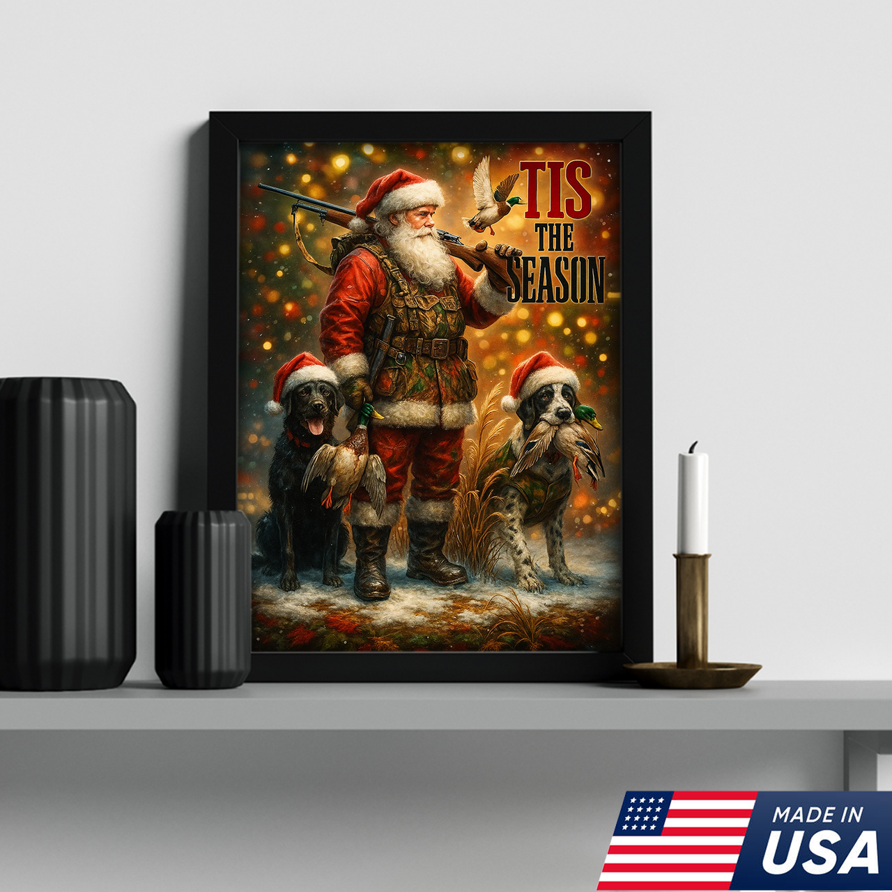 Rustic Christmas Hunting Canvas Art - Santa with Hunting Dogs and Ducks Holiday Wall Decor