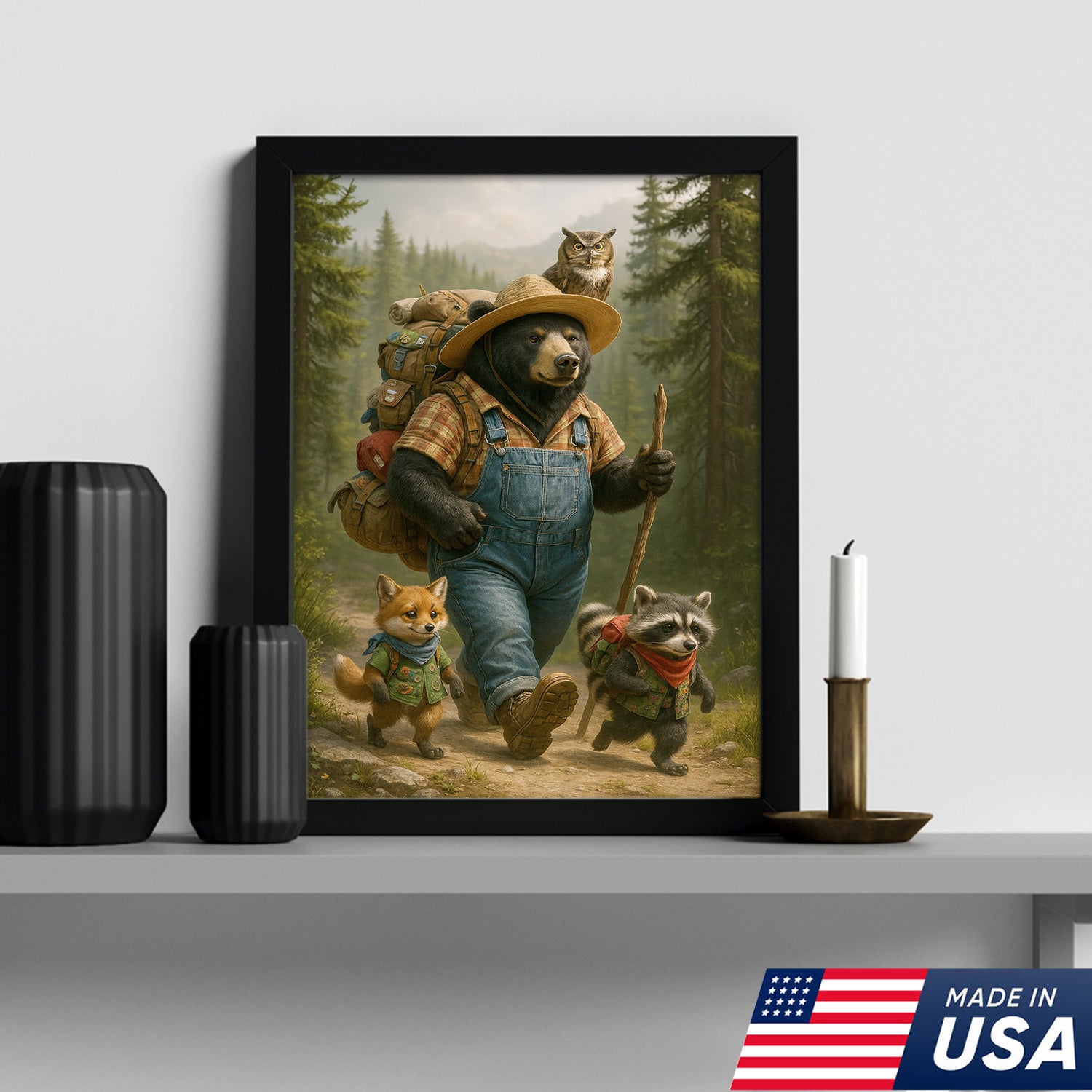 Bear Hiking Adventure Canvas Art – Cute Woodland Animal Wall Decor for Cabin & Home