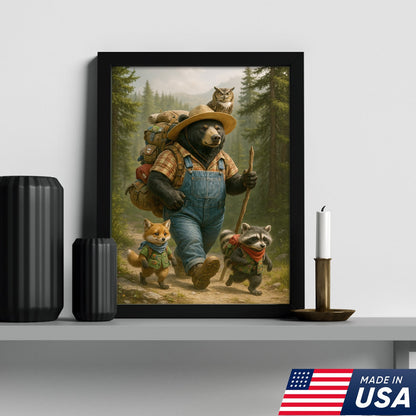 Bear Hiking Adventure Canvas Art – Cute Woodland Animal Wall Decor for Cabin & Home