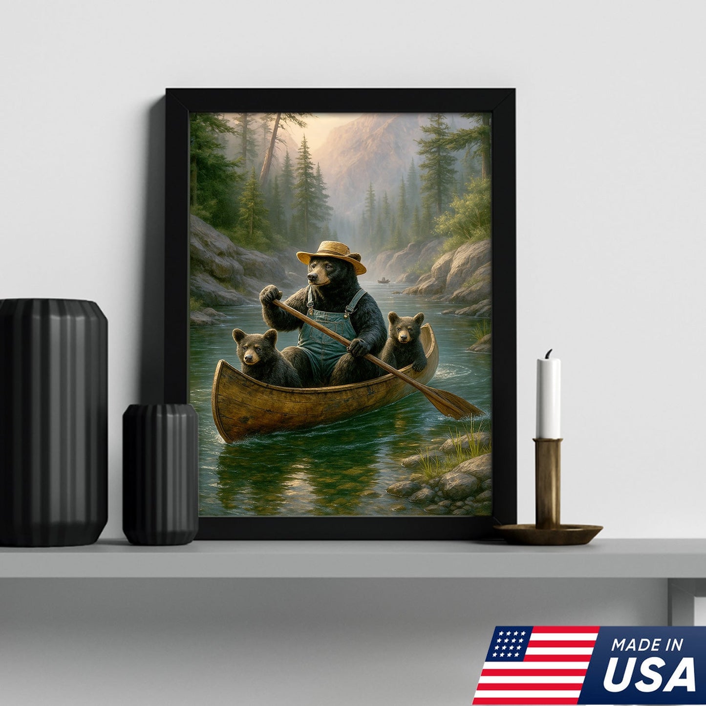 Bear Family Canoe Adventure Canvas Wall Art – Rustic Wildlife Wall Decor for Cabin & Home