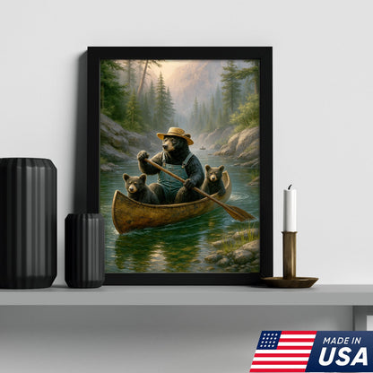Bear Family Canoe Adventure Canvas Wall Art – Rustic Wildlife Wall Decor for Cabin & Home