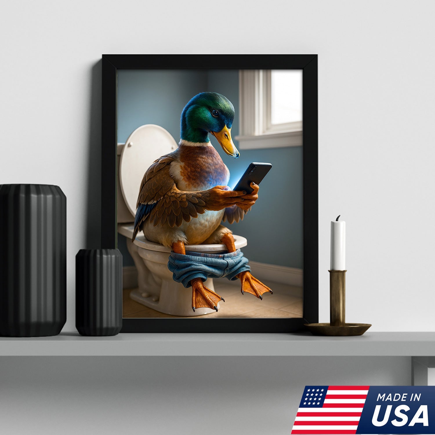 Funny Duck on Toilet Canvas Wall Art – Hilarious Gift for Men, Husband or Bathroom Decor