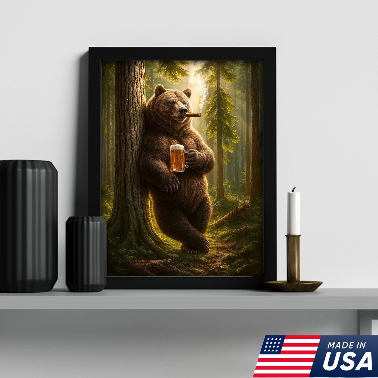 Rustic Bear in Forest Canvas Wall Art, Woodland Animal Decor, Nature Landscape Home Decoration