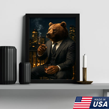 Boss Bear Wall Art – Suited Animal Smoking Canvas, Whiskey Lounge Decor, Alpha Man Gift