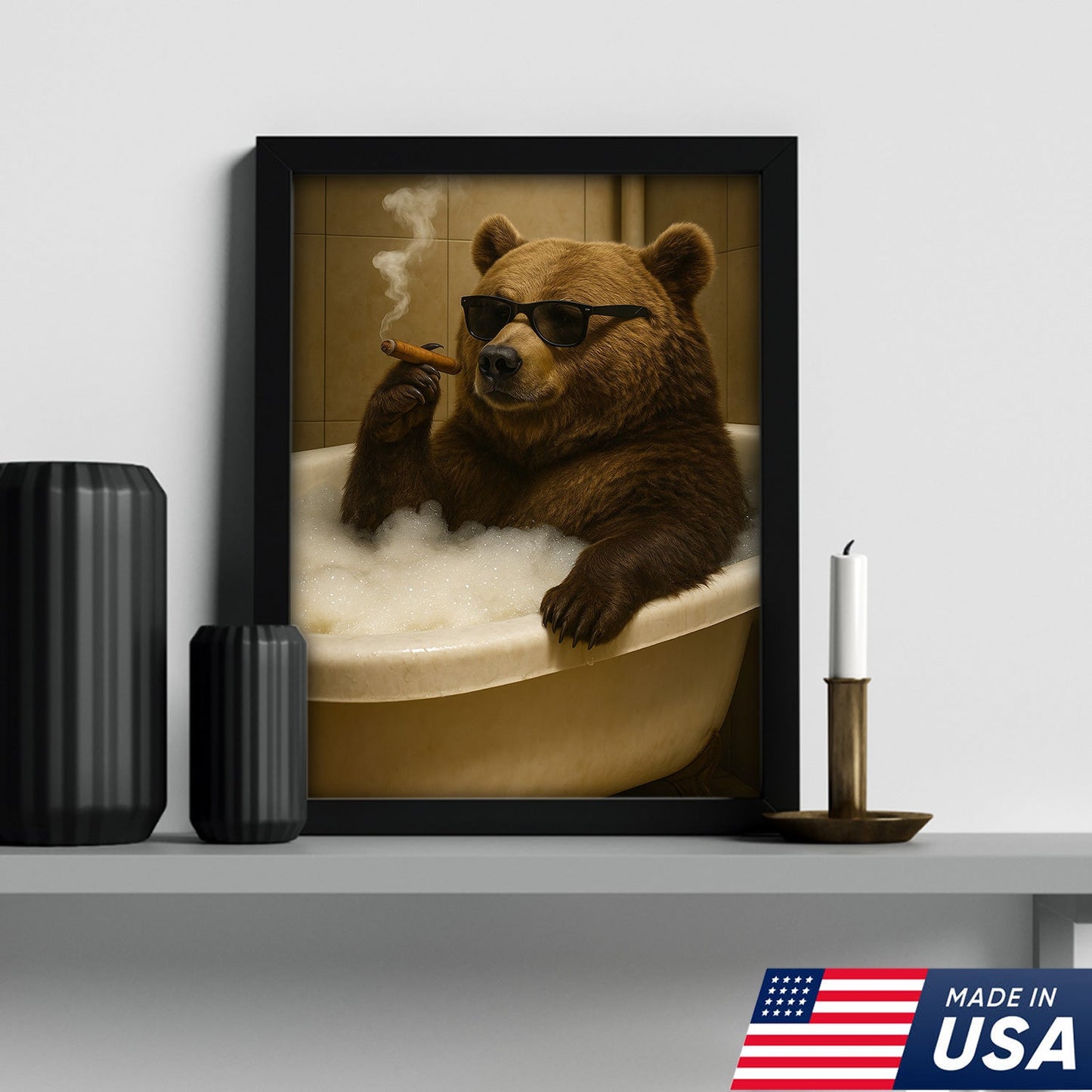 Cool Bear Canvas Wall Art – Funny Relaxing Bathtub Gift for Hunters & Outdoorsmen