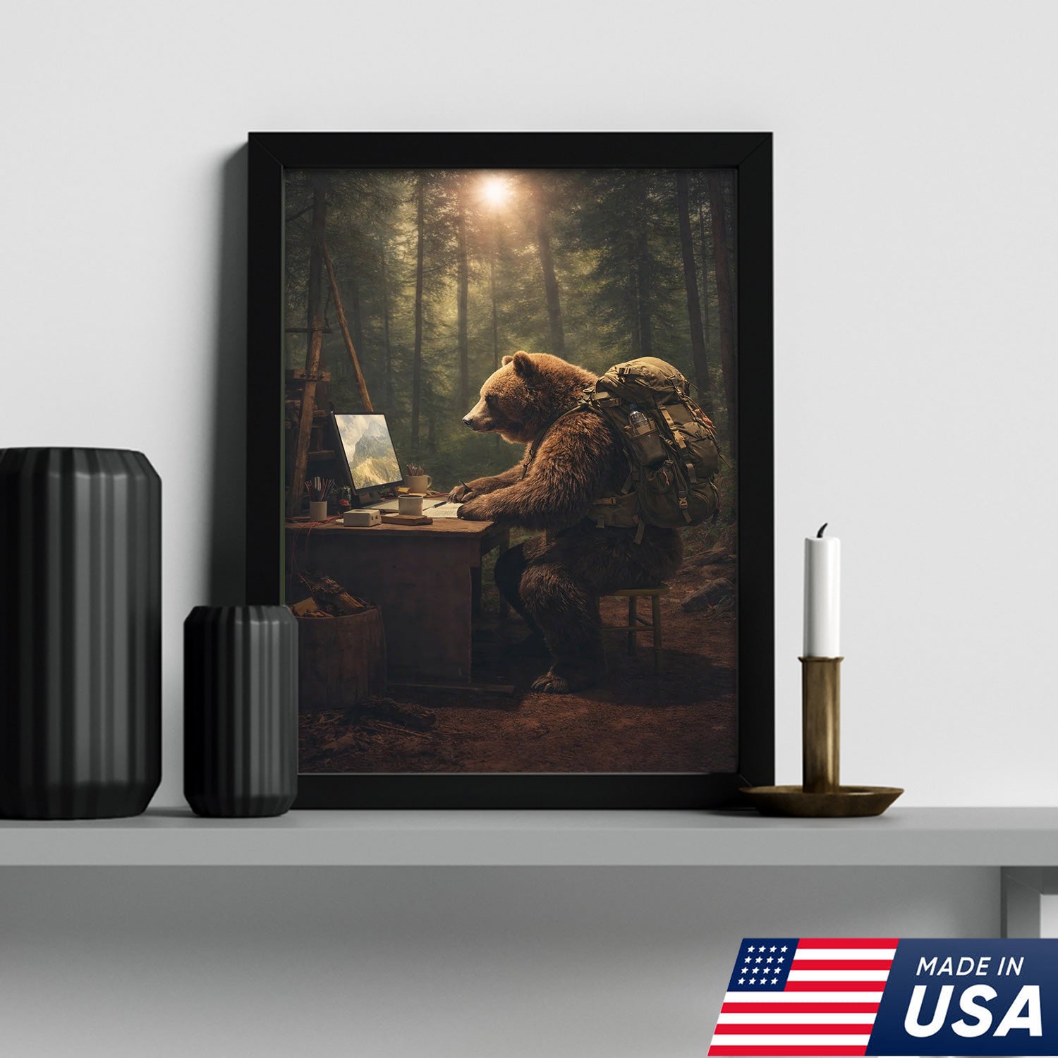 Bear Remote Work Canvas Wall Art, Whimsical Forest Office Animal Illustration