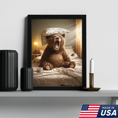 Funny Sleepy Bear Canvas Wall Art, Yawning Bear in Bed with Pillow, Cozy Bedroom Animal Art