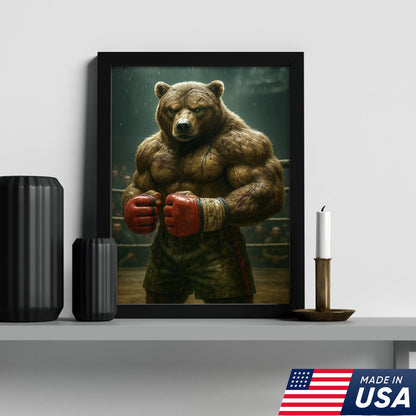 Boxer Bear Canvas Wall Art, Fierce Animal Fighter Artwork, Powerful Strength Decor for Men
