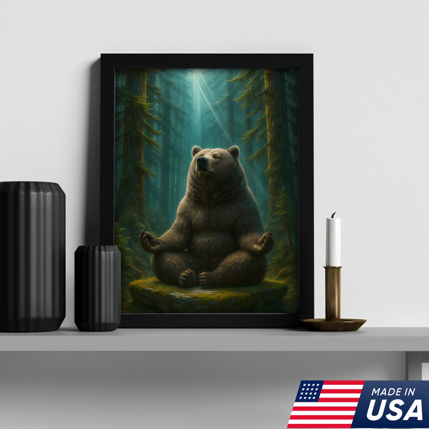 Zen Bear Wall Art – Meditating Bear Canvas for Cabin, Nature Lovers & Rustic Home Decor