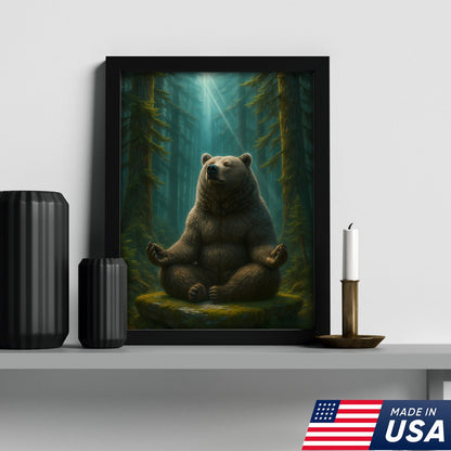 Zen Bear Wall Art – Meditating Bear Canvas for Cabin, Nature Lovers & Rustic Home Decor