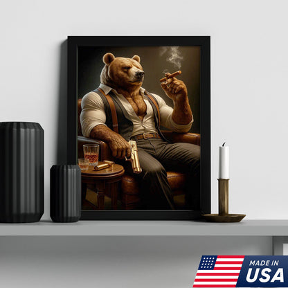Boss Bear Canvas Wall Art, Stylish Anthropomorphic Animal Portrait, Masculine Power Lounge Decor