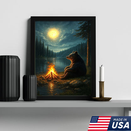 Bear Campfire Night Wall Art Canvas, Cozy Camping Bear by Lake