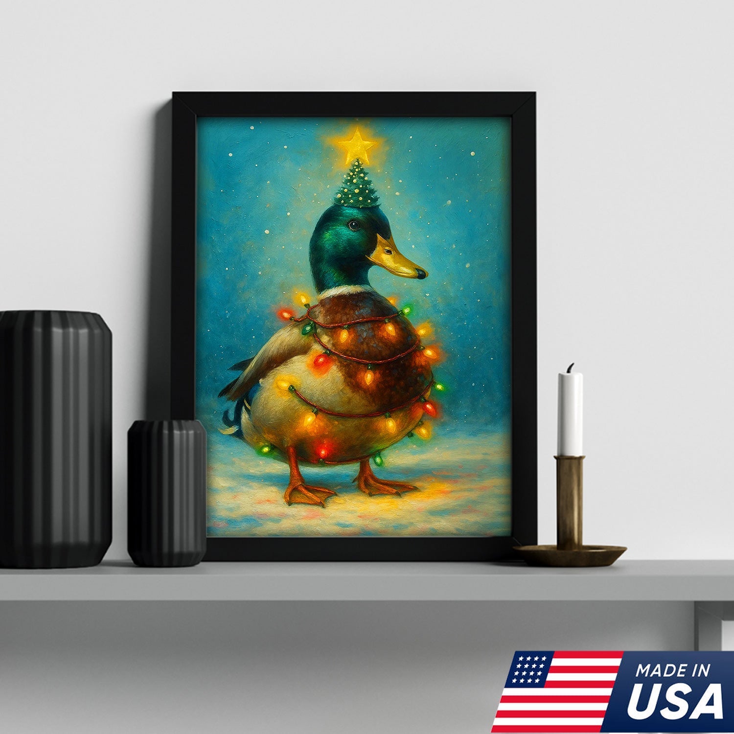 Funny Mallard Duck Christmas Canvas Wall Art – Festive Holiday Decor – Rustic Lodge Gift Idea