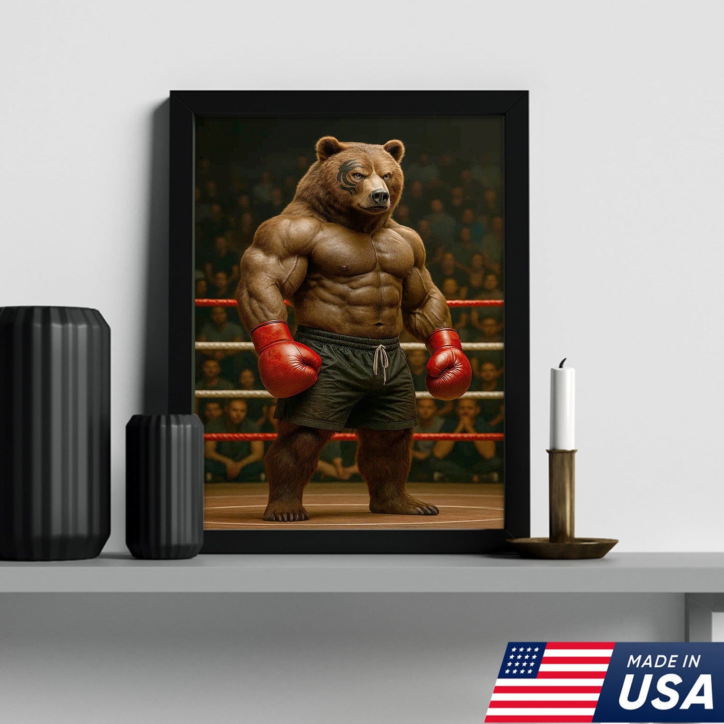 Boxing Bear Canvas Wall Art, Muscular Fighter in Red Gloves, Gym & Man Cave Decor