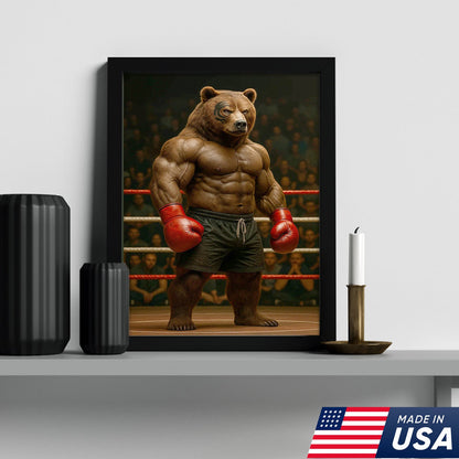 Boxing Bear Canvas Wall Art, Muscular Fighter in Red Gloves, Gym & Man Cave Decor