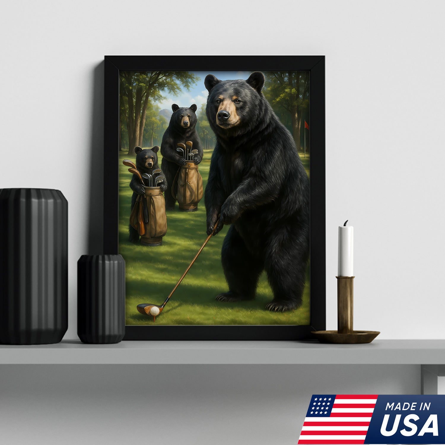 Funny Bear Golf Canvas – Rustic Cabin Wall Art Gift for Hunters, Golf Lovers & Man Caves