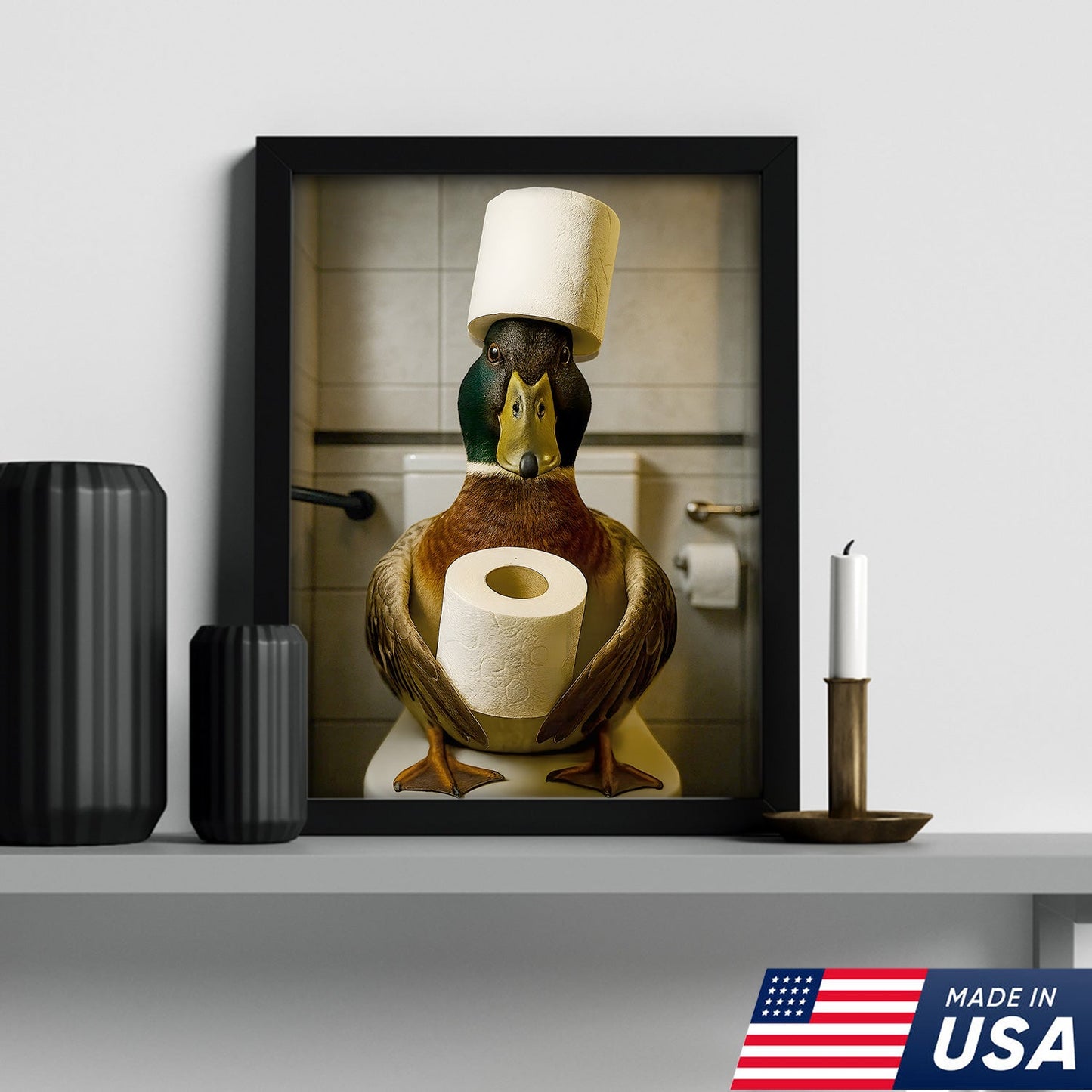 Funny Duck Bathroom Canvas Wall Art – Rustic Toilet Canvas for Cabin, Lodge & Man Cave Decor