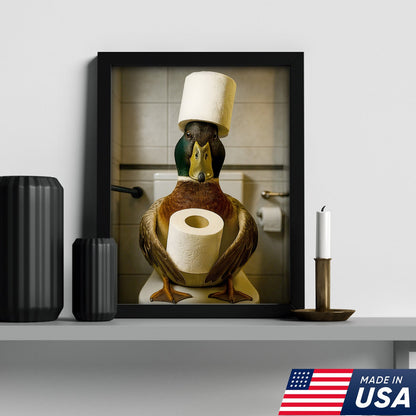 Funny Duck Bathroom Canvas Wall Art – Rustic Toilet Canvas for Cabin, Lodge & Man Cave Decor