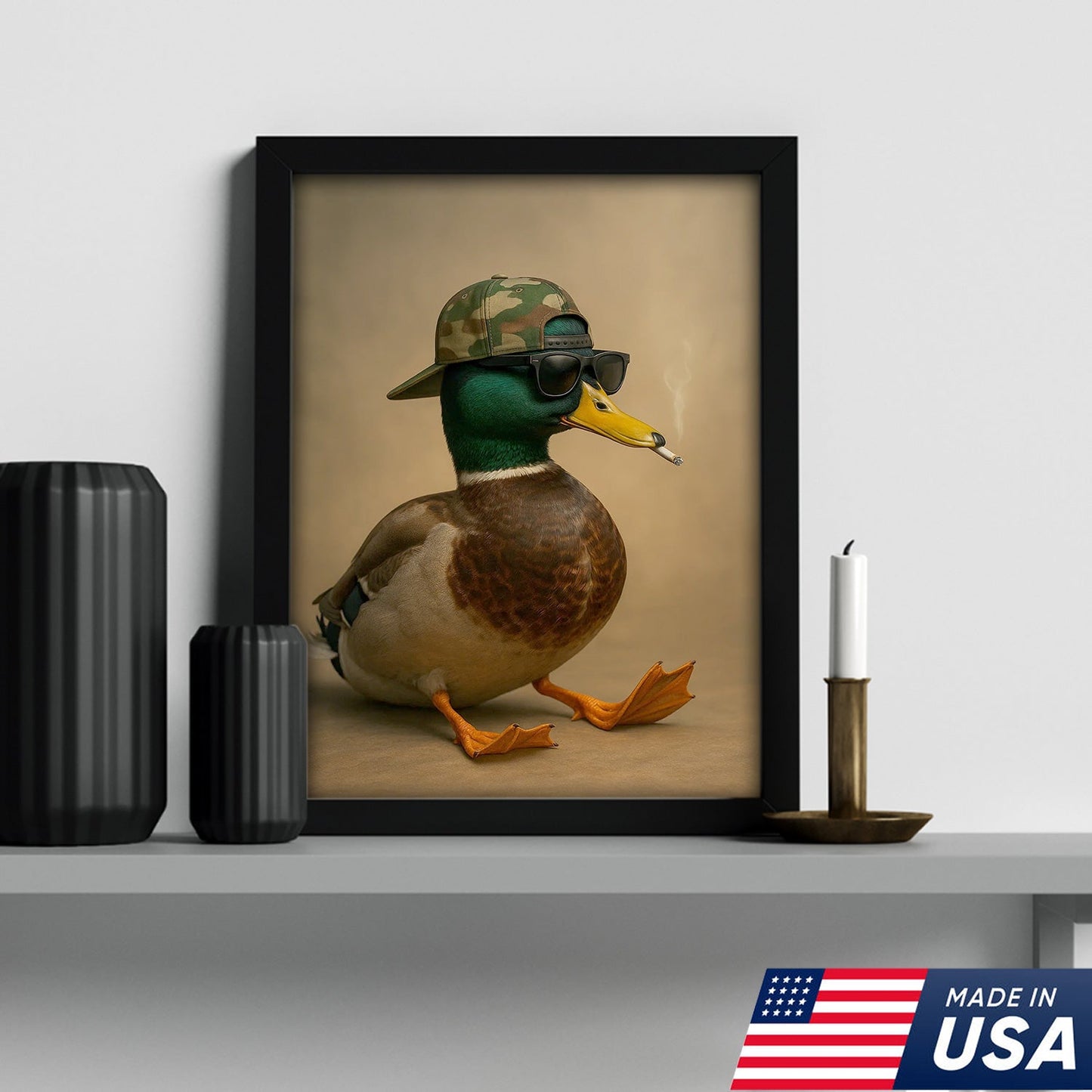 Cool Mallard Duck with Camo Hat Wall Art – Funny Hunting Canvas Print