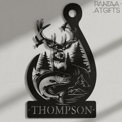 Personalized Deer & Fish Metal Sign, Family Name Outdoor Decor