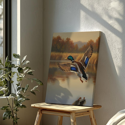 Canvas print of a duck flying over water on a wooden stool against a wall.