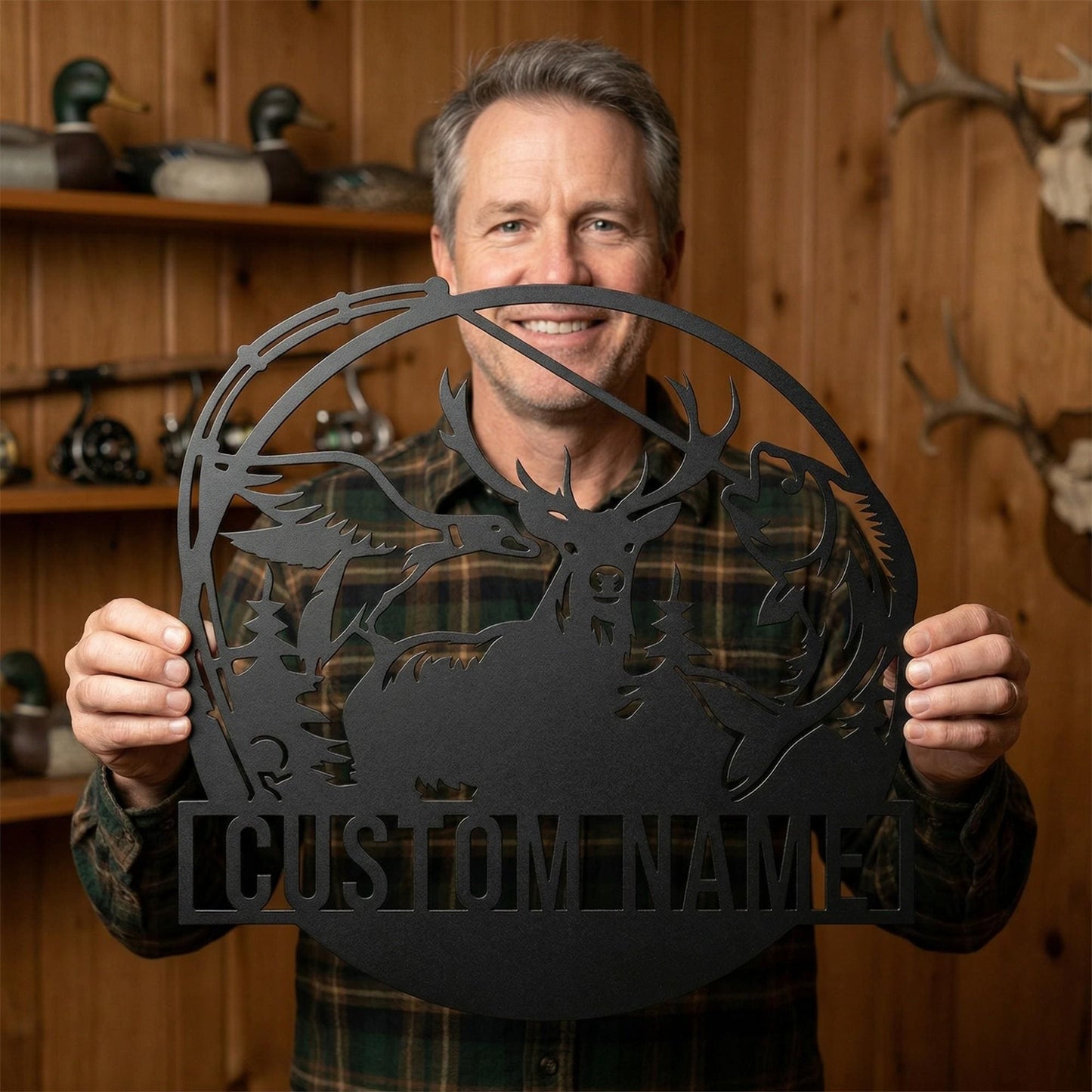 Personalized Deer Metal Sign Wall Art, Custom Fishing and Hunting Decor for Cabin