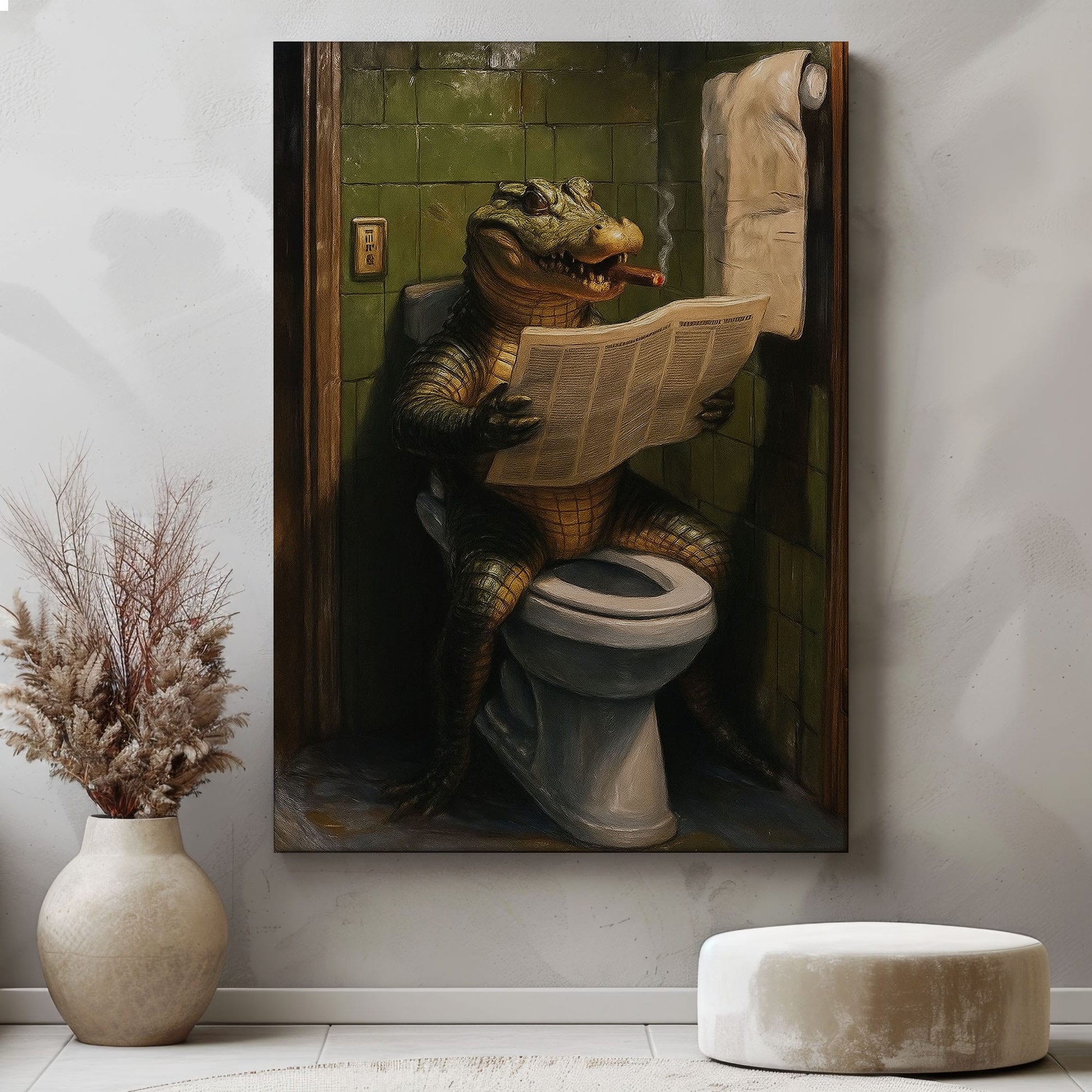 Alligator Reading Newspaper Canvas – Funny Bathroom Wall Art for Hunters