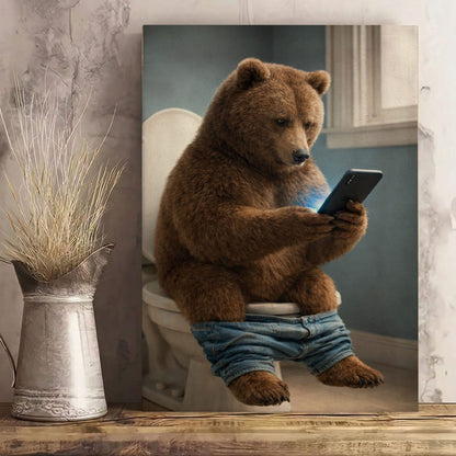 Bear on Toilet Phone  Bathroom Wall Art
