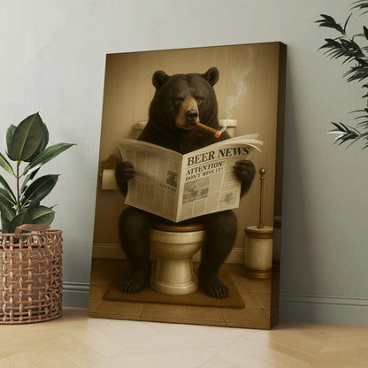 Funny Bear Newspaper Bathroom Canvas Wall Art – Wildlife Animal Poster - Unique Gift for Hunters
