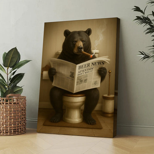 Funny Bear Newspaper Bathroom Canvas Wall Art – Wildlife Animal Poster - Unique Gift for Hunters