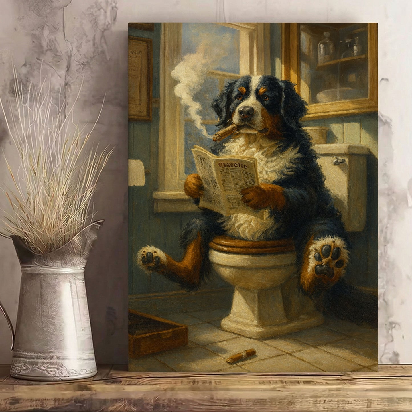 Bernese Mountain Dog Reading Newspaper with Cigar Canvas