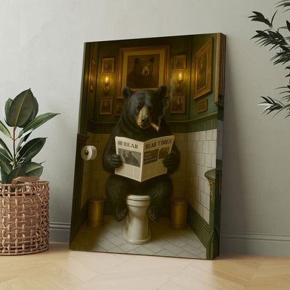 Funny Bear Hunting Bathroom Canvas – Black Bear On Toilet Reading Newspaper