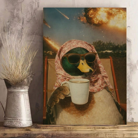 Calm Duck Drinking Coffee During Apocalypse Wall Art