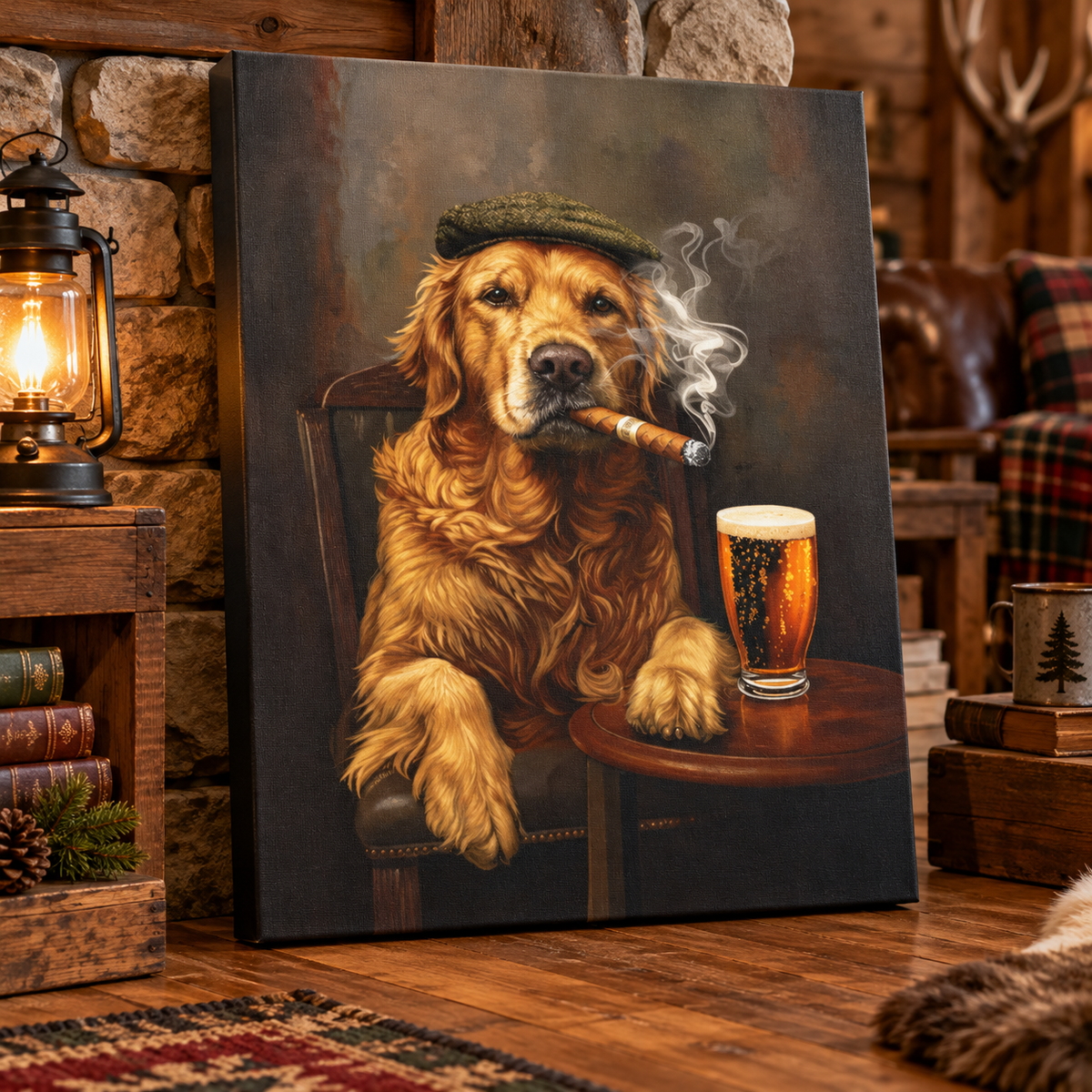 Golden retriever beer and cigar canvas Wall Art