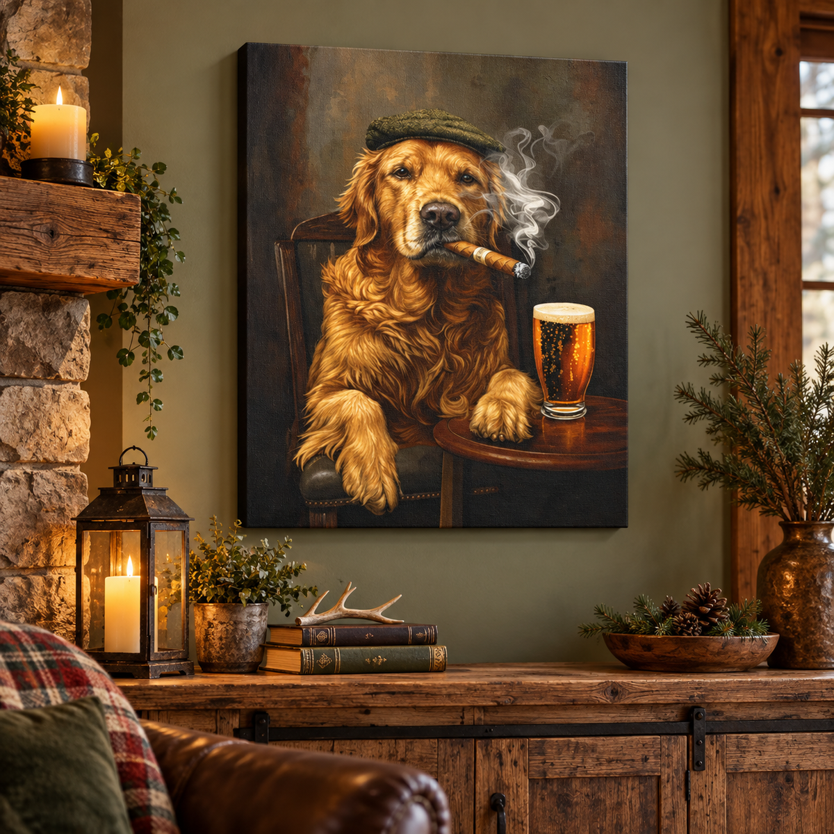 Golden retriever beer and cigar canvas Wall Art