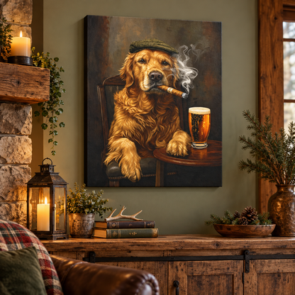 Golden retriever beer and cigar canvas Wall Art