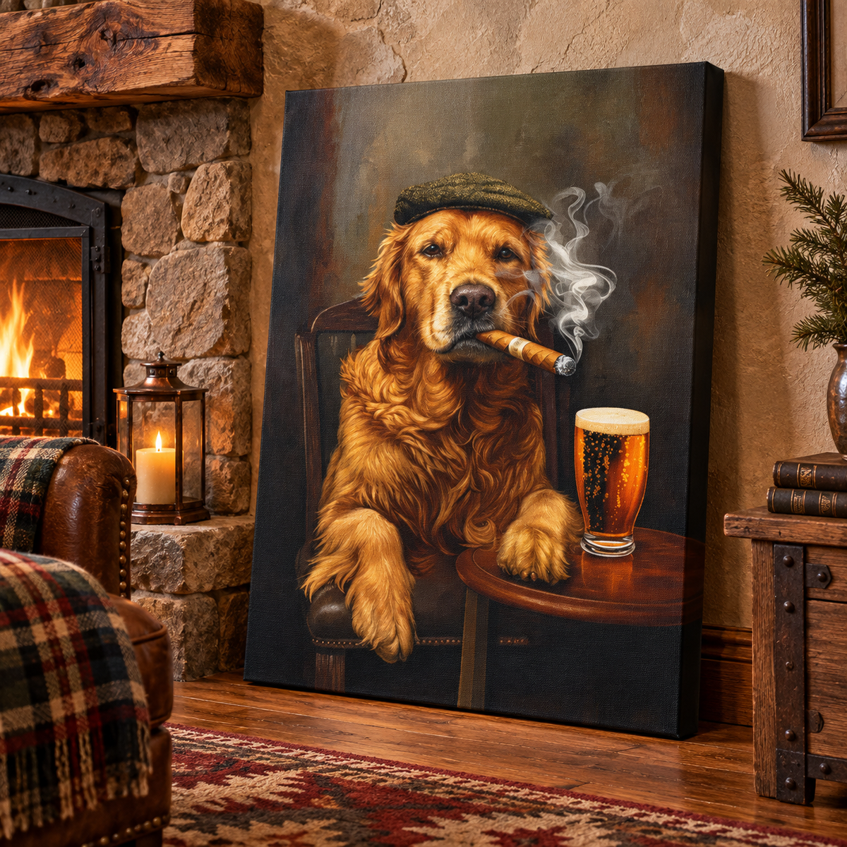 Golden retriever beer and cigar canvas Wall Art