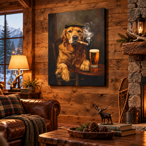 Golden retriever beer and cigar canvas Wall Art
