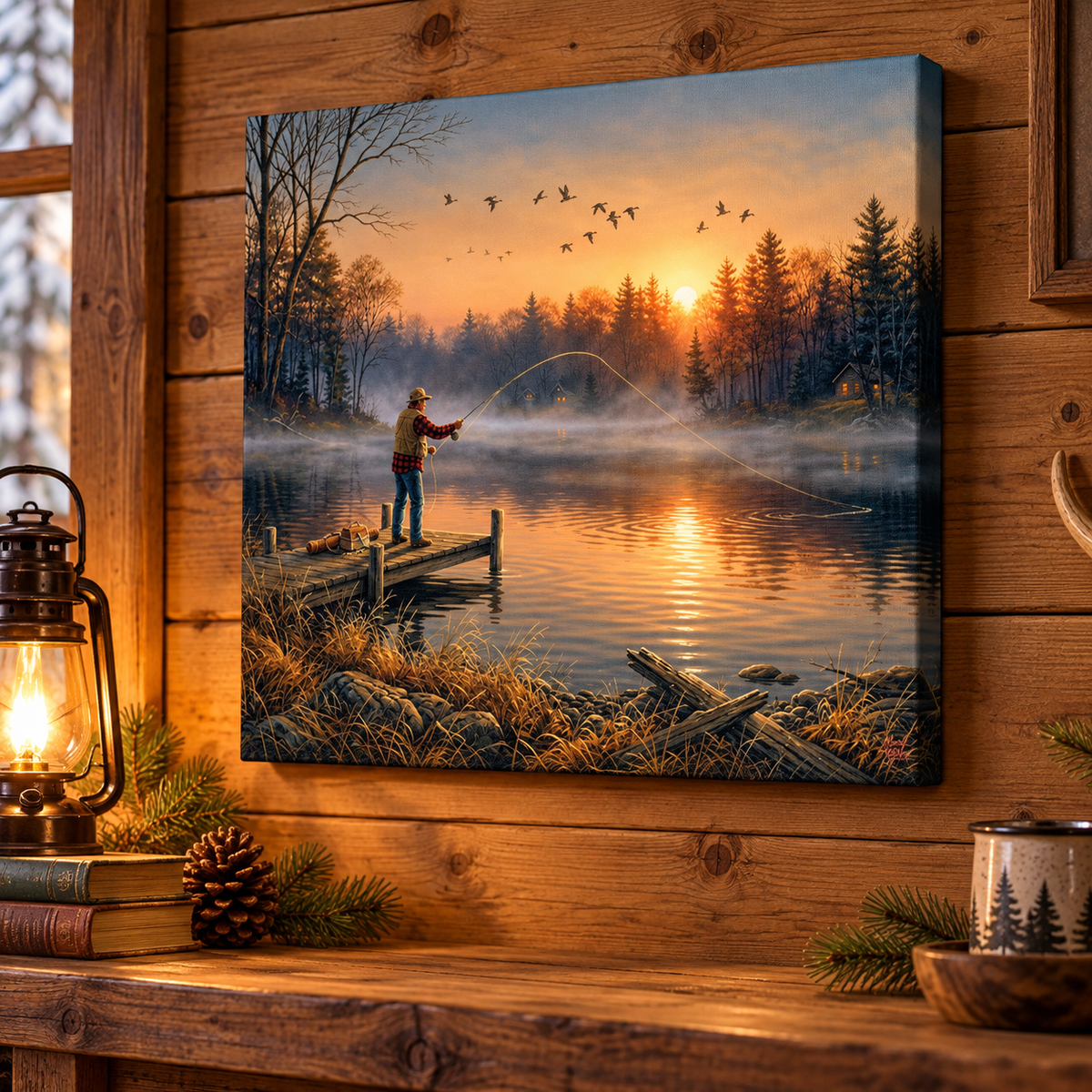 Vintage Fishing Sunset Canvas Print, Rustic Lake Landscape Wall Art