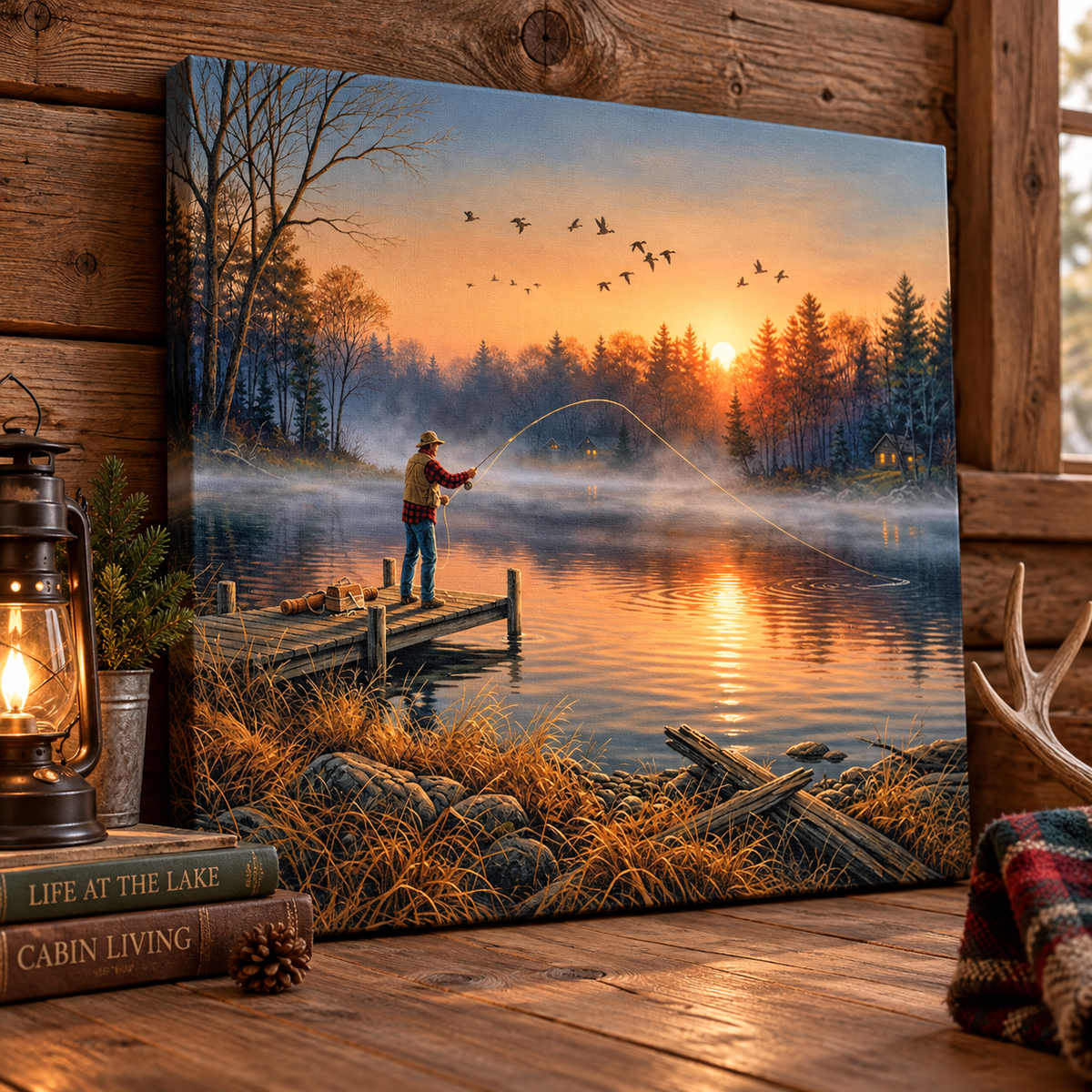 Vintage Fishing Sunset Canvas Print, Rustic Lake Landscape Wall Art