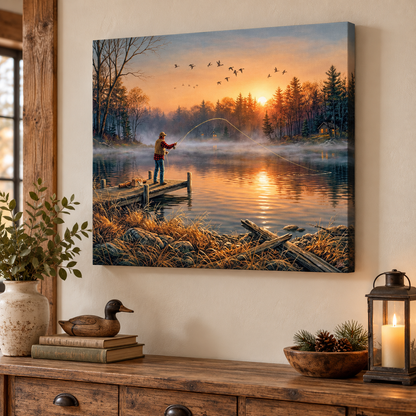 Vintage Fishing Sunset Canvas Print, Rustic Lake Landscape Wall Art