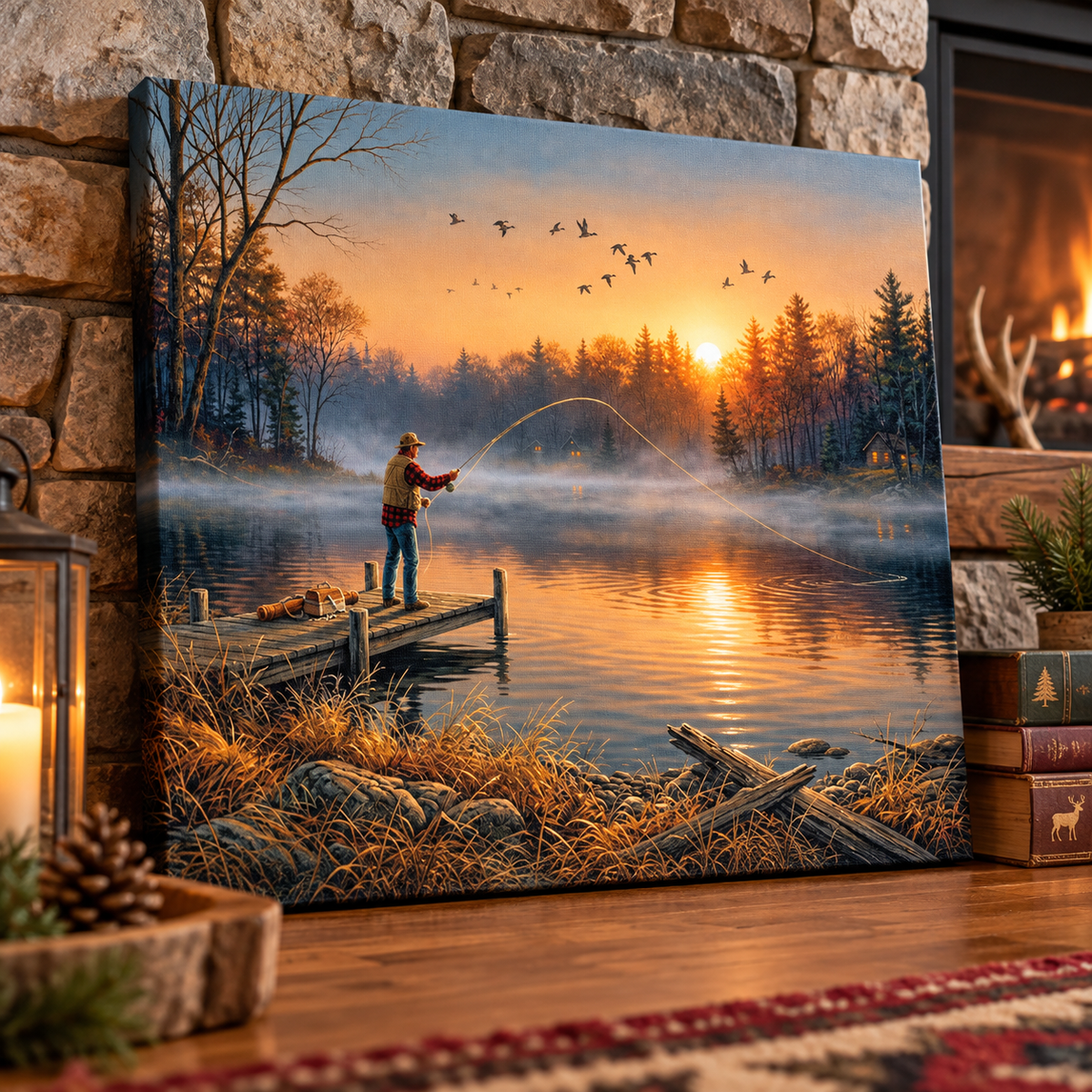 Vintage Fishing Sunset Canvas Print, Rustic Lake Landscape Wall Art