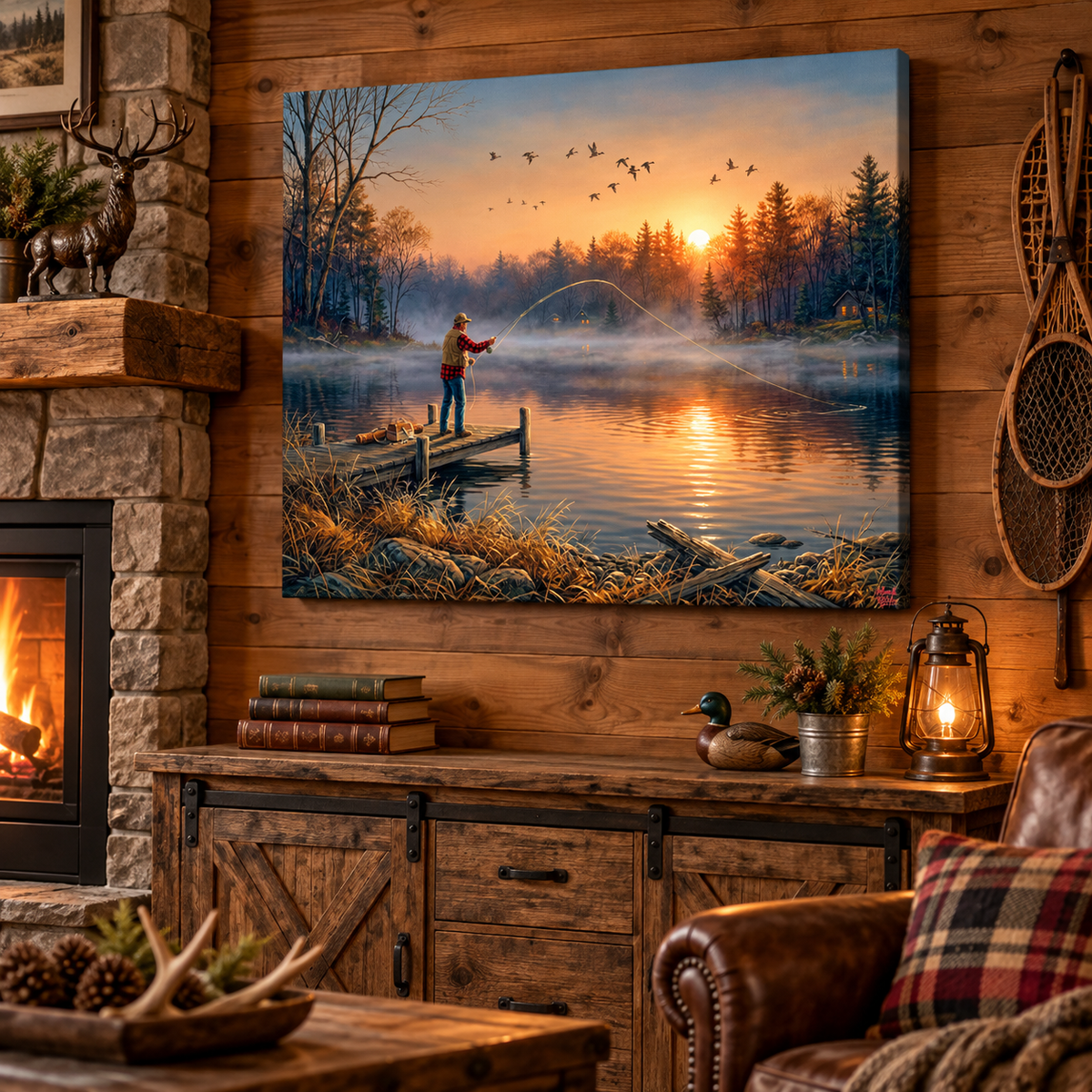 Vintage Fishing Sunset Canvas Print, Rustic Lake Landscape Wall Art